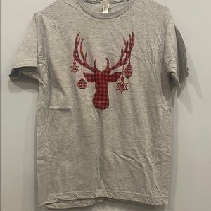 Gray T-Shirt with Red Plaid Reindeer Design